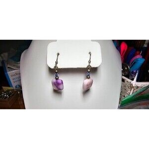 Genuine Amethyst Square Cut Stones and Glass Bead Earrings 1 1/3"L